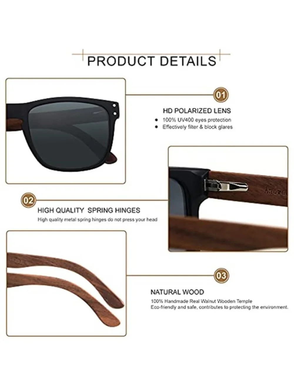 Wooden Polarized Sunglasses UV400 Square Shades Men Women Retro Eyewear